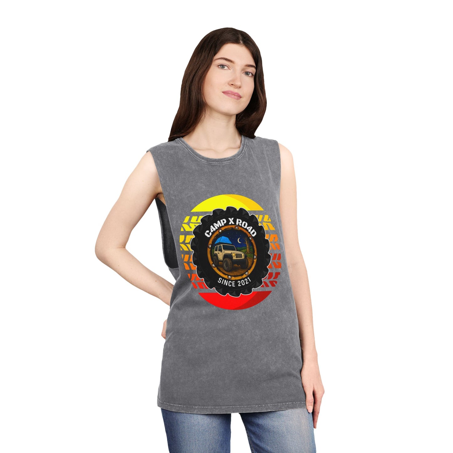 C4MPXRO4D Summer Camper Badge Tank Top | stonewash black, retro stencil logo