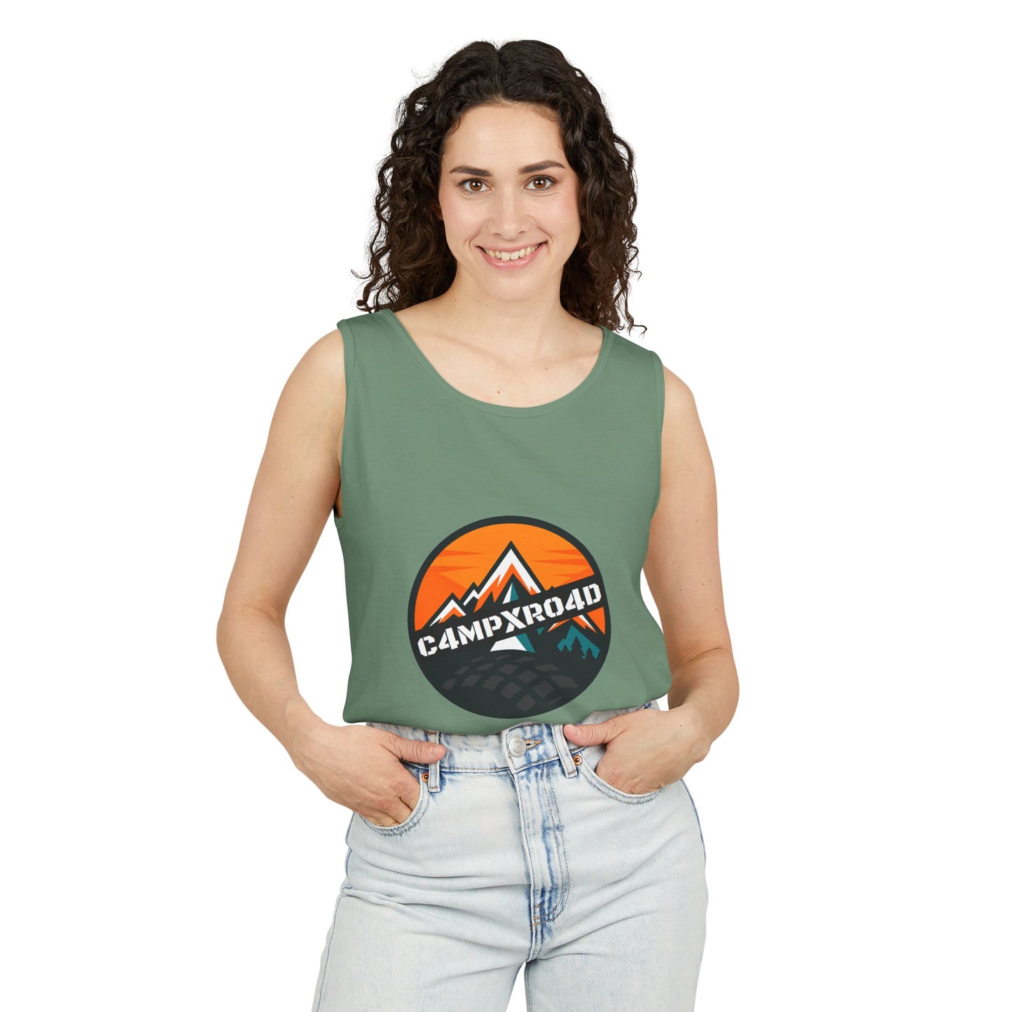C4MPXRO4D Rounded Shield Camper Badge Tank Top | Graphic camping text tee
