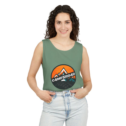C4MPXRO4D Rounded Shield Camper Badge Tank Top | Graphic camping text tee