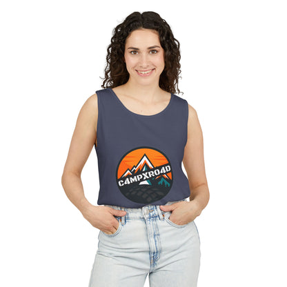 C4MPXRO4D Rounded Shield Camper Badge Tank Top | Graphic camping text tee