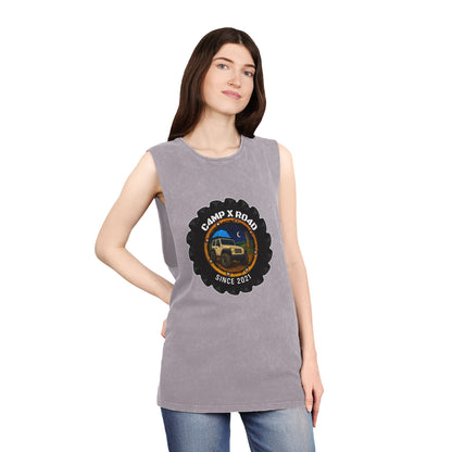 C4MPXRO4D Camper Badge Tank Top | stonewash black, retro stencil logo