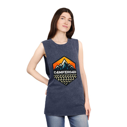 C4MPXRO4D Hexa Shield Camper Badge Tank Top | stonewash black, retro stencil logo