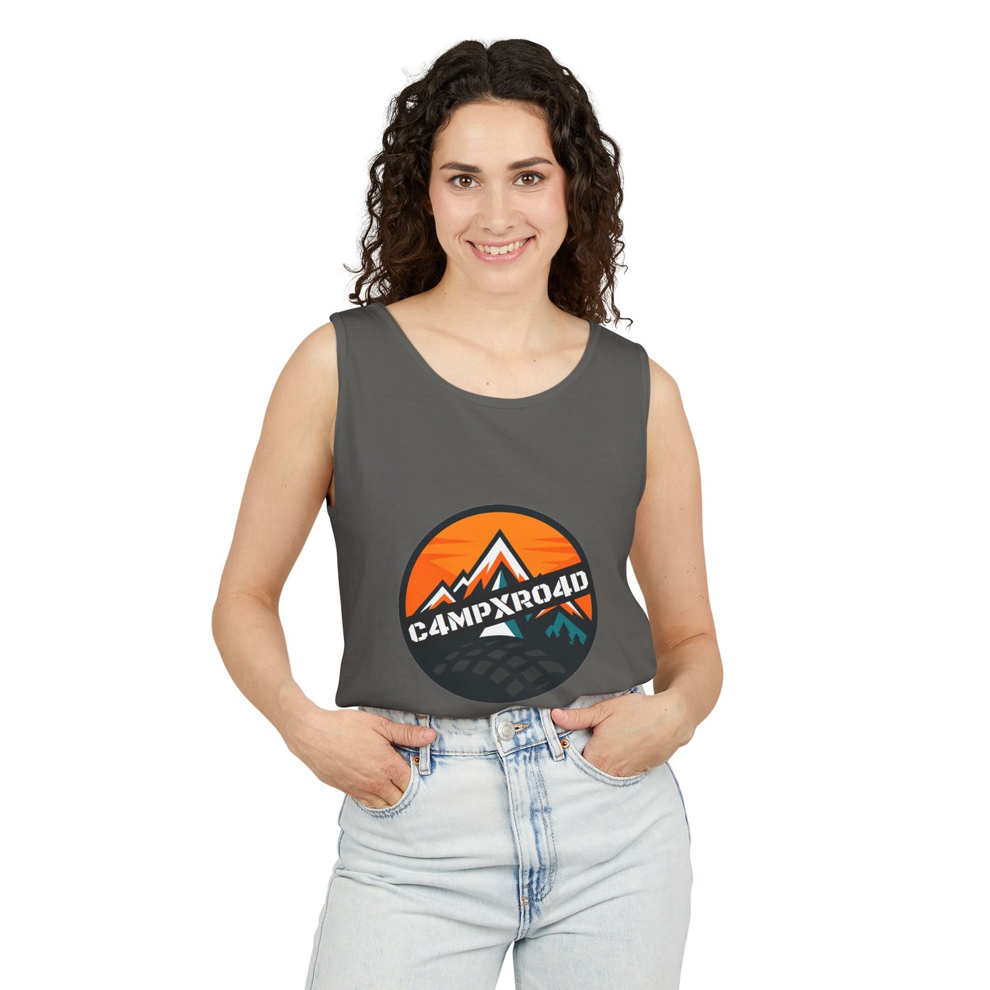 C4MPXRO4D Rounded Shield Camper Badge Tank Top | Graphic camping text tee