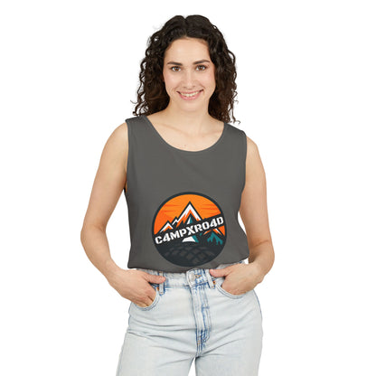 C4MPXRO4D Rounded Shield Camper Badge Tank Top | Graphic camping text tee
