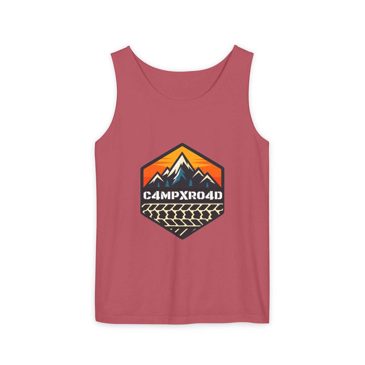 C4MPXRO4D Hexa Shield Camper Badge Tank Top | Graphic camping text tee