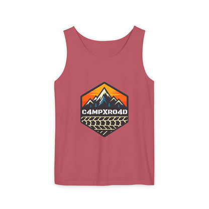 C4MPXRO4D Hexa Shield Camper Badge Tank Top | Graphic camping text tee