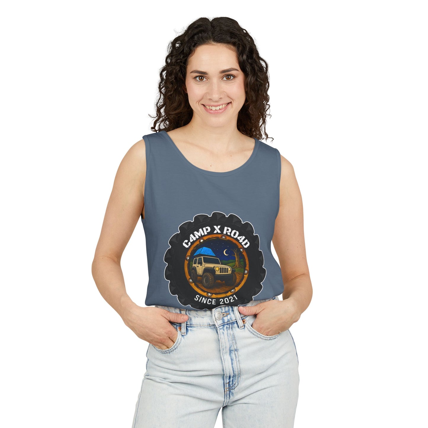 C4MPXRO4D Camper Badge Tank Top | Graphic camping text tee