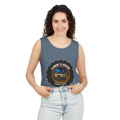 C4MPXRO4D Camper Badge Tank Top | Graphic camping text tee