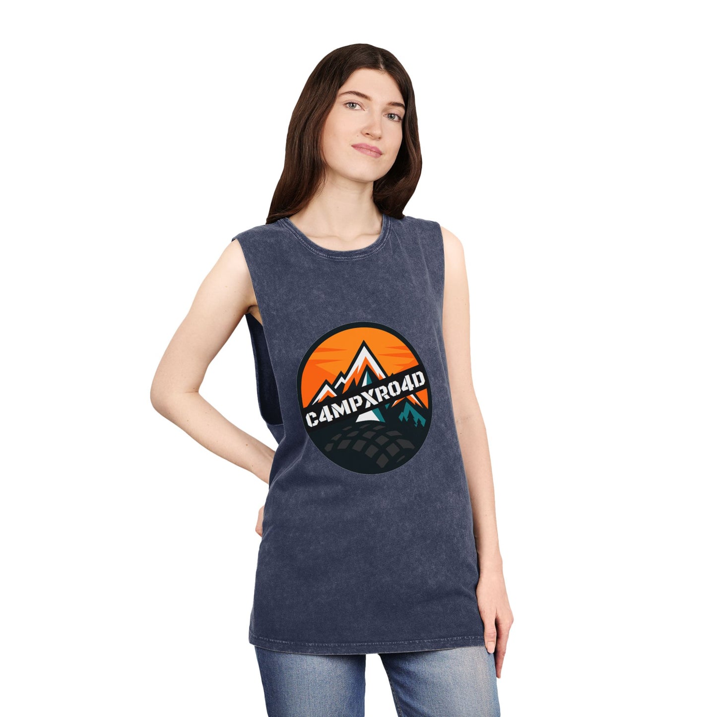 C4MPXRO4D Rounded Shield Camper Badge Tank Top | stonewash black, retro stencil logo