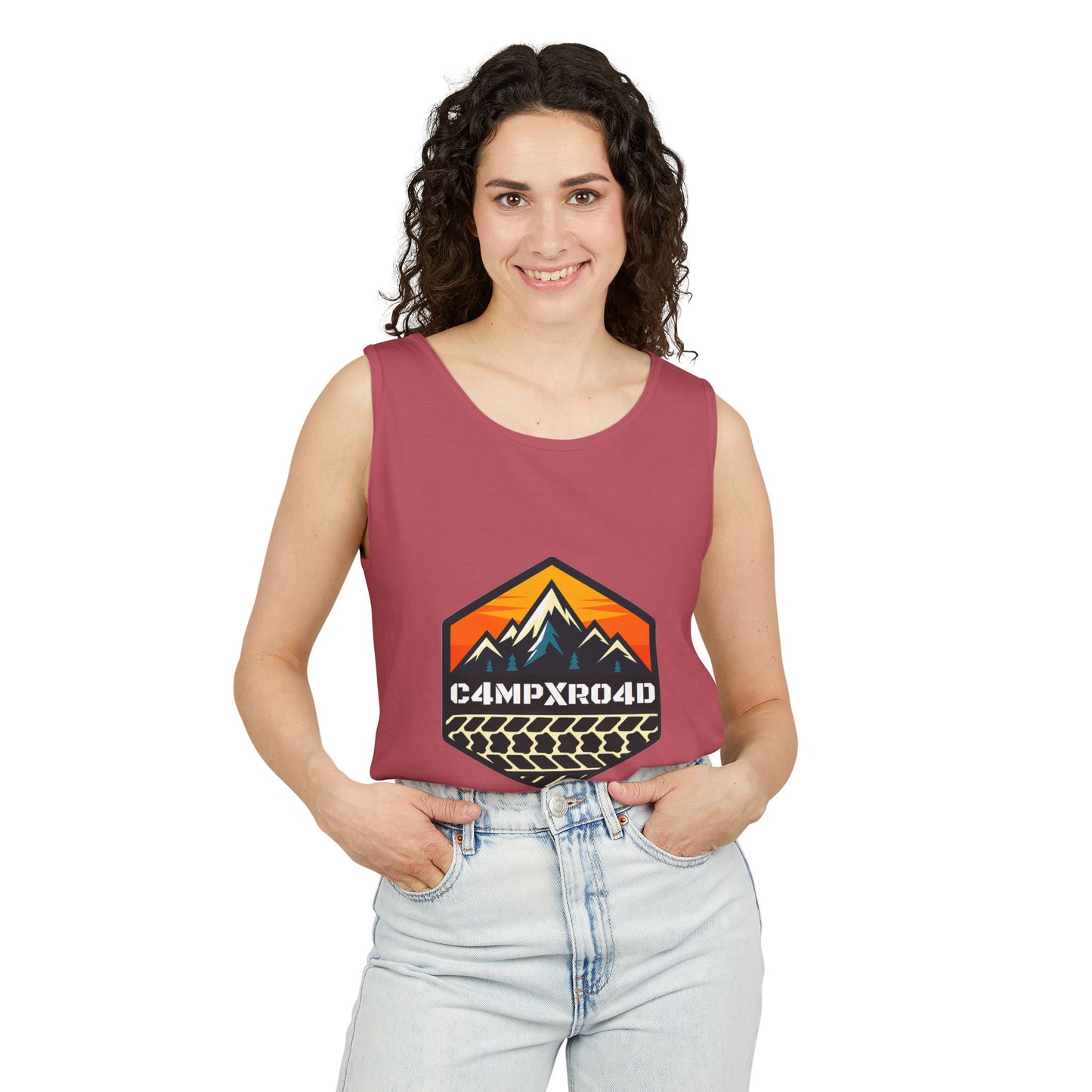 C4MPXRO4D Hexa Shield Camper Badge Tank Top | Graphic camping text tee