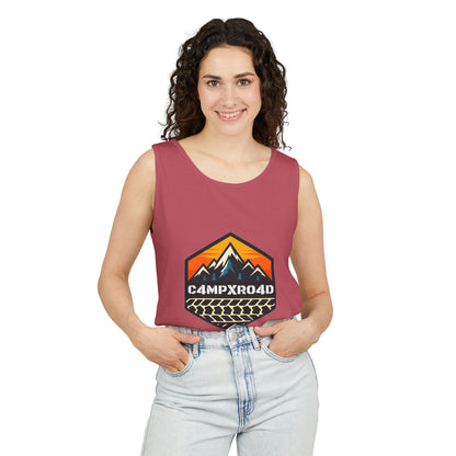 C4MPXRO4D Hexa Shield Camper Badge Tank Top | Graphic camping text tee
