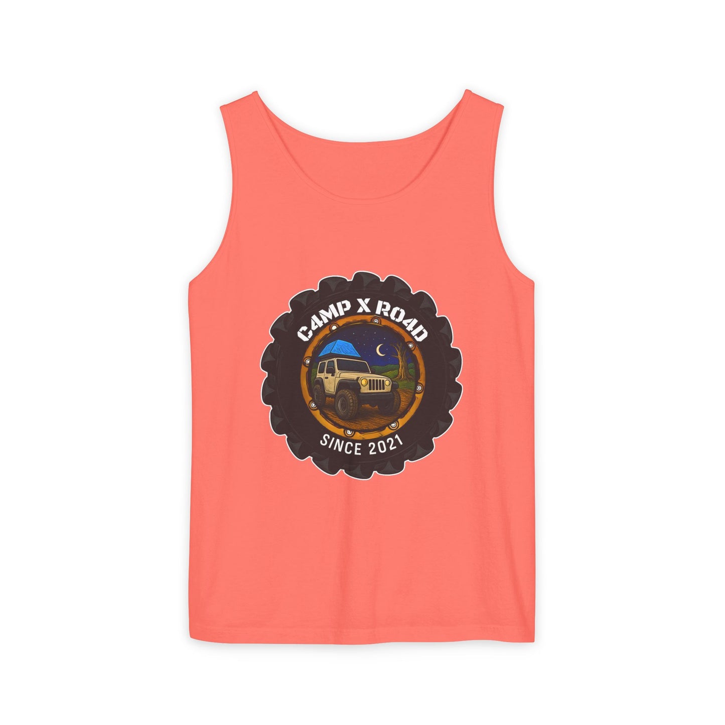 C4MPXRO4D Camper Badge Tank Top | Graphic camping text tee