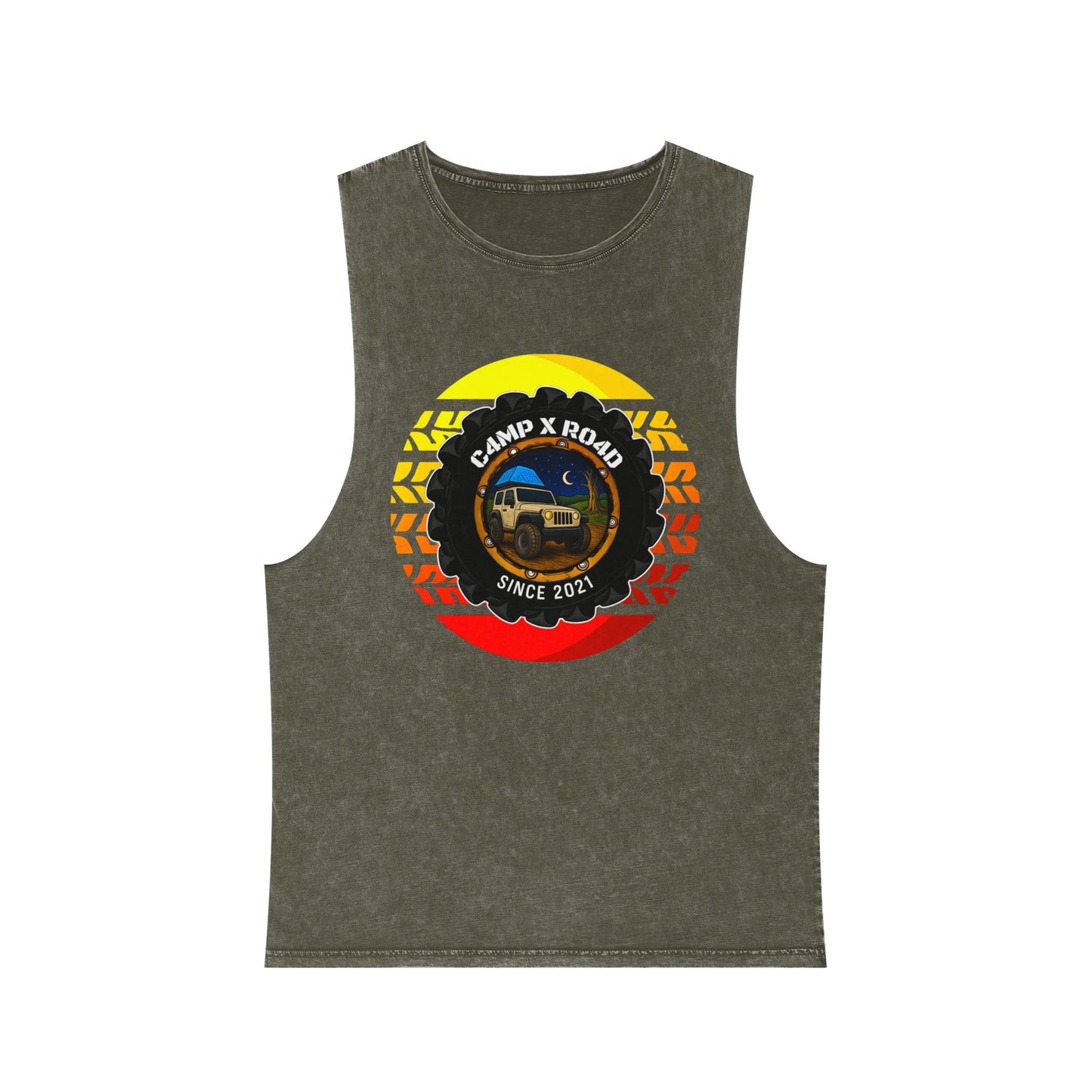 C4MPXRO4D Summer Camper Badge Tank Top | stonewash black, retro stencil logo