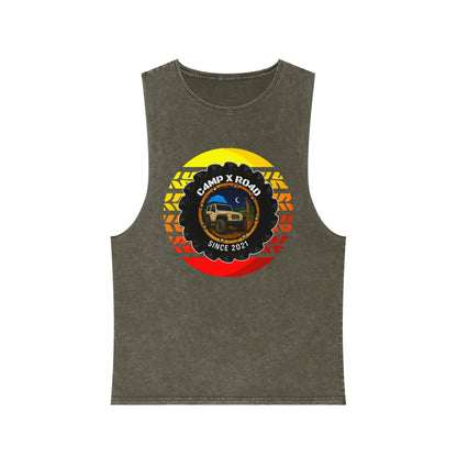 C4MPXRO4D Summer Camper Badge Tank Top | stonewash black, retro stencil logo