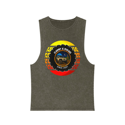 C4MPXRO4D Summer Camper Badge Tank Top | stonewash black, retro stencil logo
