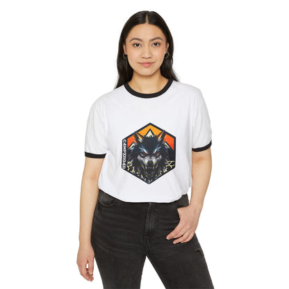C4MPXRO4D Wolf Shield Camper Badge T-Shirt | ringer style