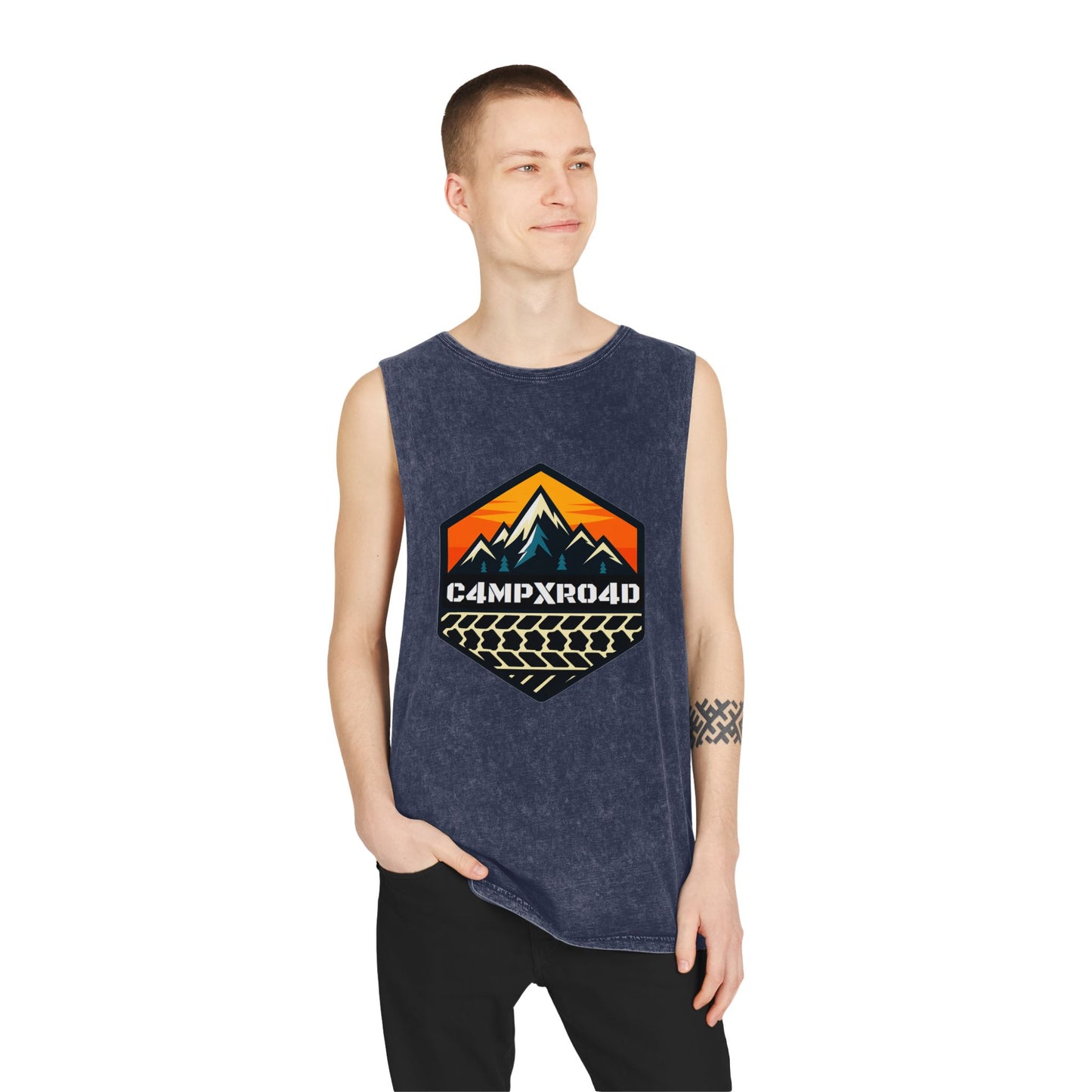 C4MPXRO4D Hexa Shield Camper Badge Tank Top | stonewash black, retro stencil logo