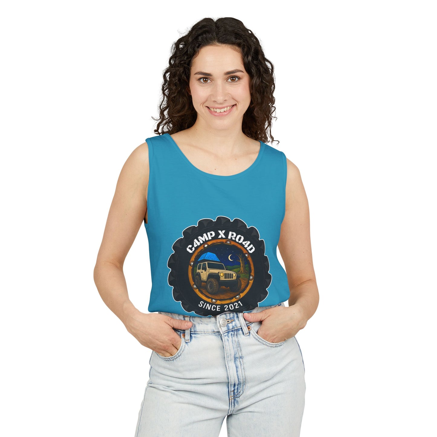 C4MPXRO4D Camper Badge Tank Top | Graphic camping text tee