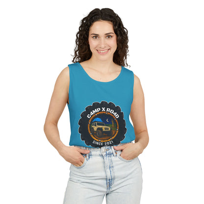 C4MPXRO4D Camper Badge Tank Top | Graphic camping text tee
