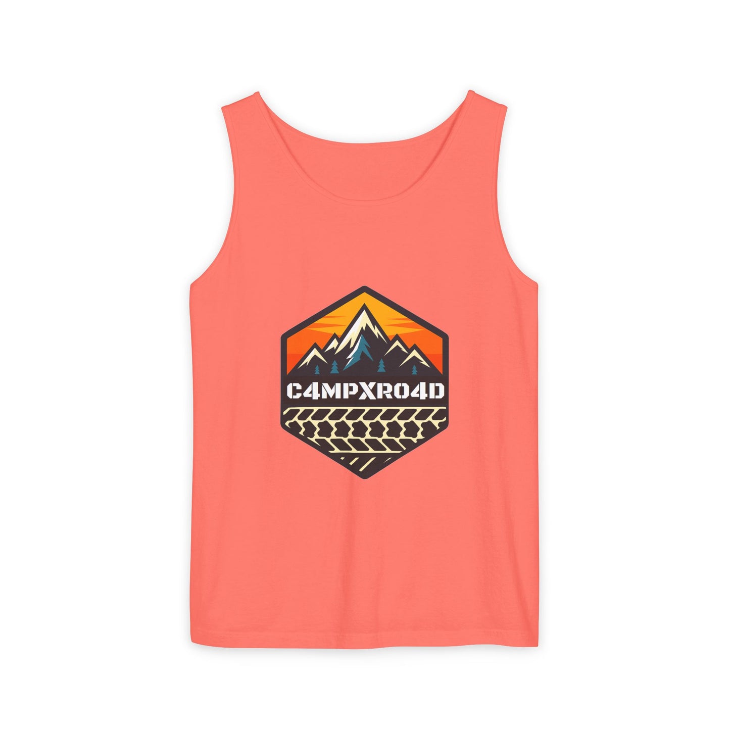 C4MPXRO4D Hexa Shield Camper Badge Tank Top | Graphic camping text tee