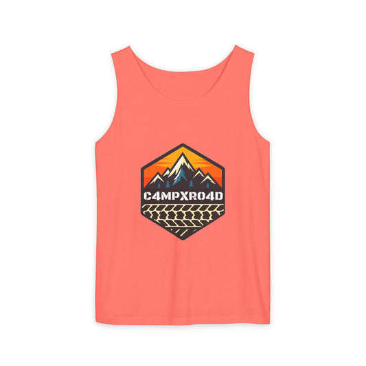 C4MPXRO4D Hexa Shield Camper Badge Tank Top | Graphic camping text tee