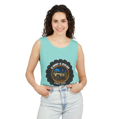 C4MPXRO4D Camper Badge Tank Top | Graphic camping text tee