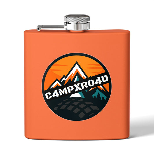 C4MPXRO4D Rounded Shield Camper Badge Flask