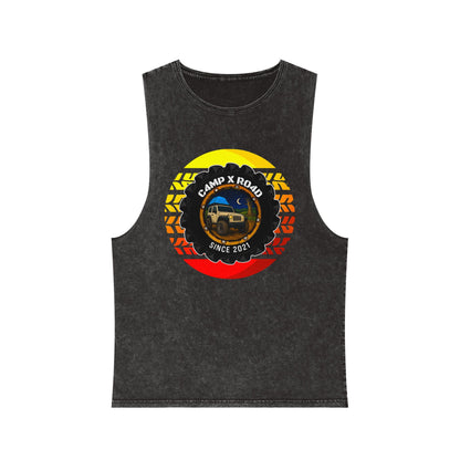 C4MPXRO4D Summer Camper Badge Tank Top | stonewash black, retro stencil logo