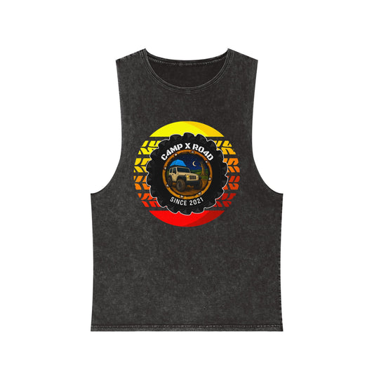 C4MPXRO4D Summer Camper Badge Tank Top | stonewash black, retro stencil logo