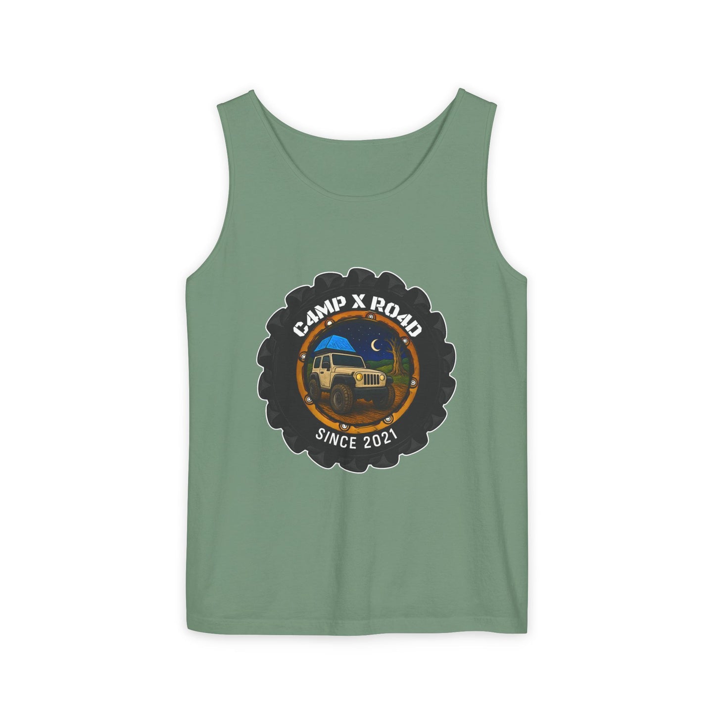 C4MPXRO4D Camper Badge Tank Top | Graphic camping text tee