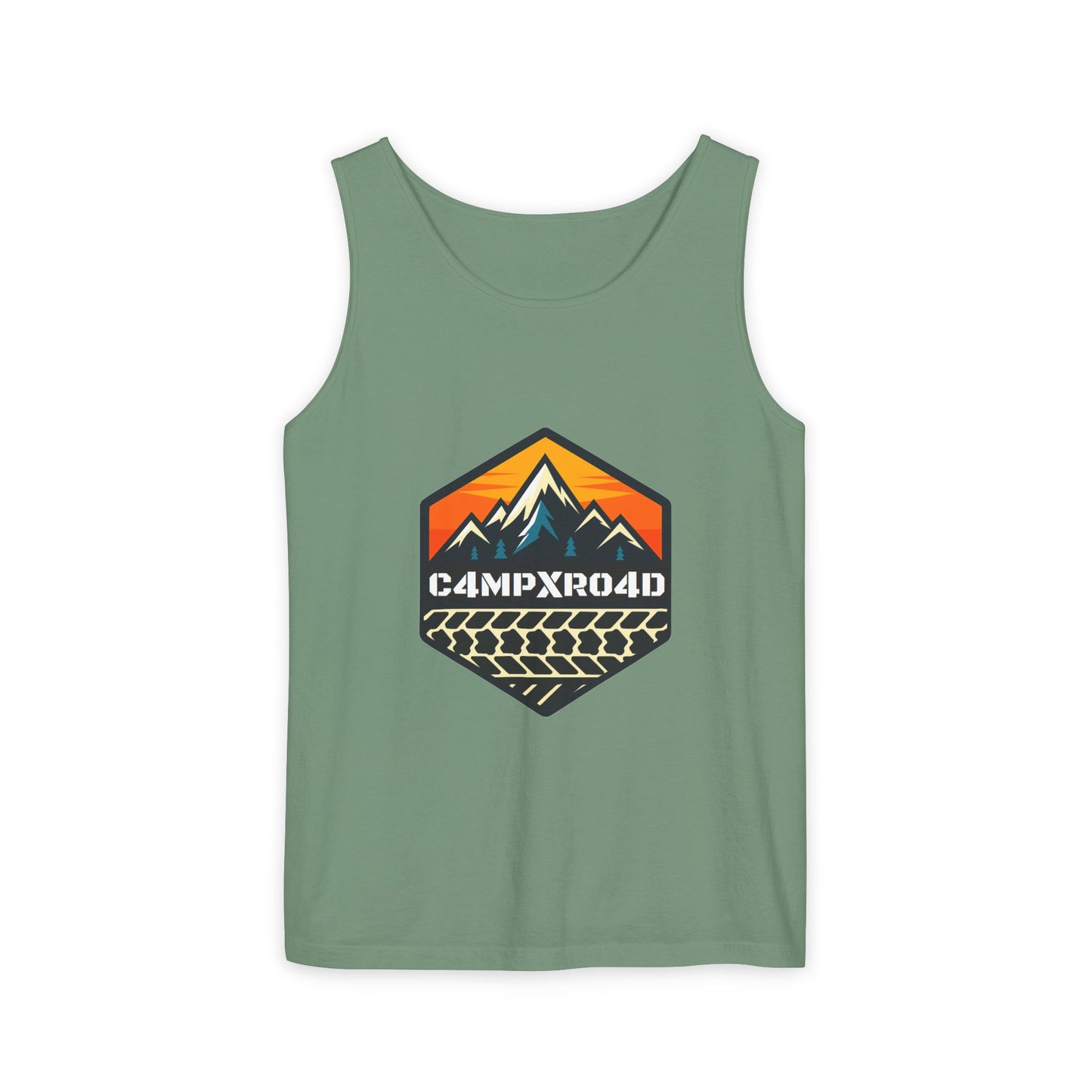 C4MPXRO4D Hexa Shield Camper Badge Tank Top | Graphic camping text tee