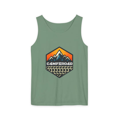 C4MPXRO4D Hexa Shield Camper Badge Tank Top | Graphic camping text tee