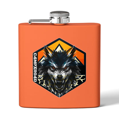 C4MPXRO4D Wolf Shield Camper Badge Flask