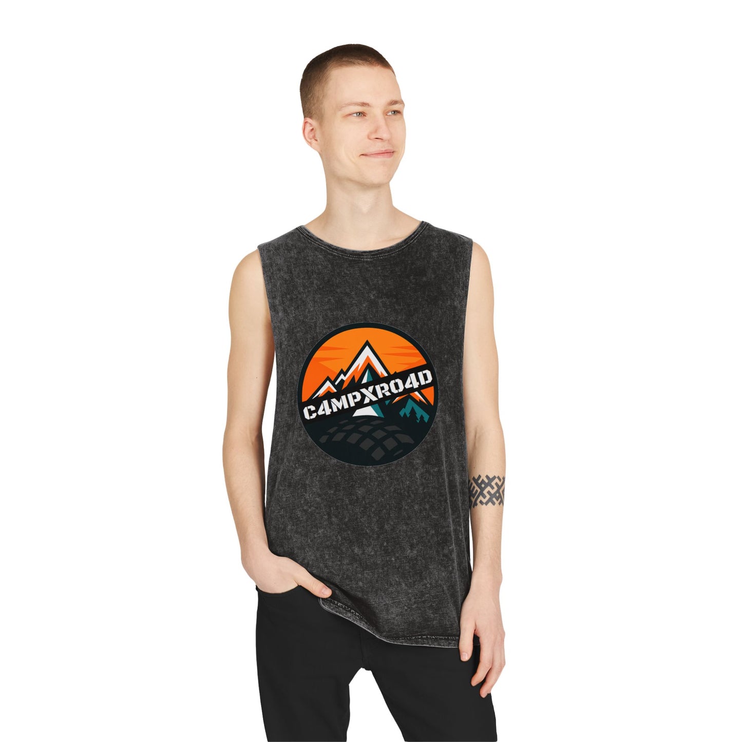 C4MPXRO4D Rounded Shield Camper Badge Tank Top | stonewash black, retro stencil logo