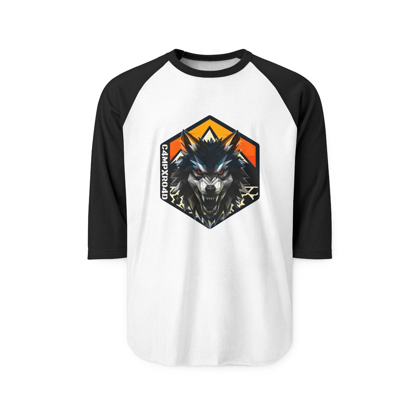 C4MPXRO4D Wolf Shield Camper Badge Raglan Shirt | Gaming Code Baseball Tee