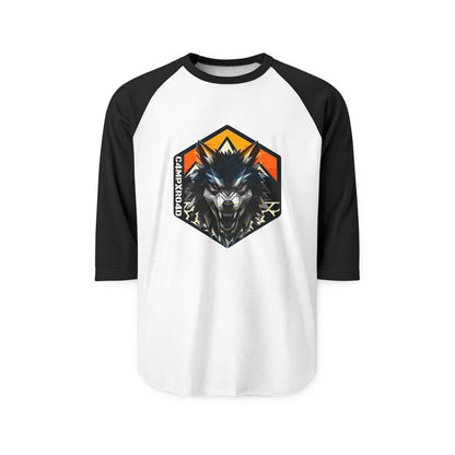 C4MPXRO4D Wolf Shield Camper Badge Raglan Shirt | Gaming Code Baseball Tee