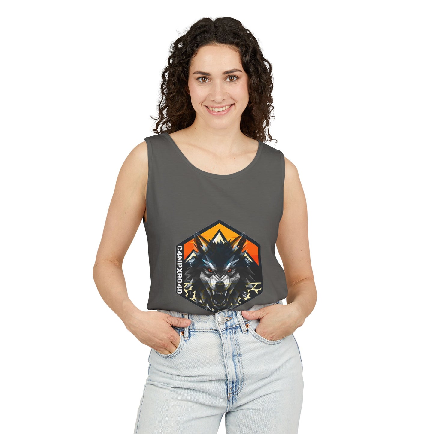 C4MPXRO4D Wolf Shield Camper Badge Tank Top | Graphic camping text tee