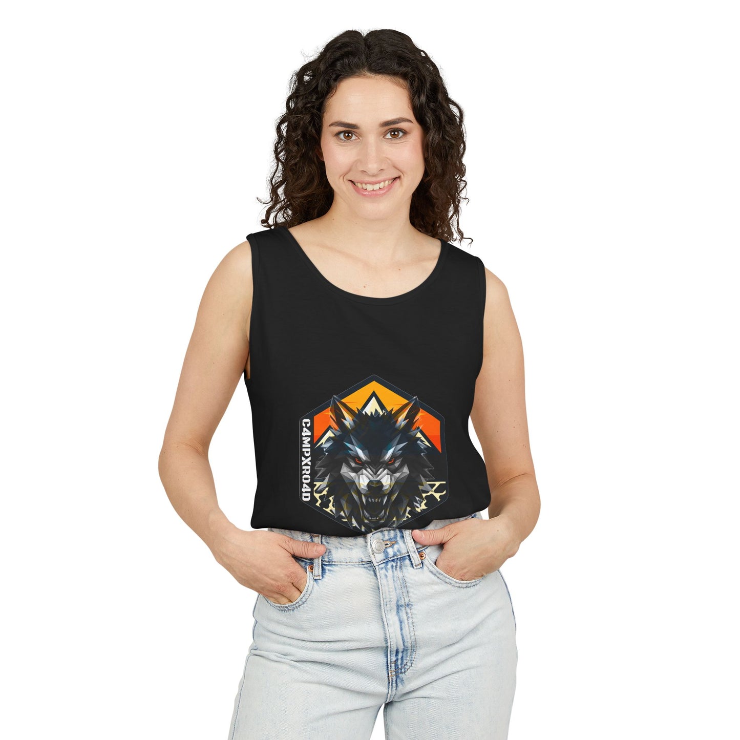 C4MPXRO4D Wolf Shield Camper Badge Tank Top | Graphic camping text tee