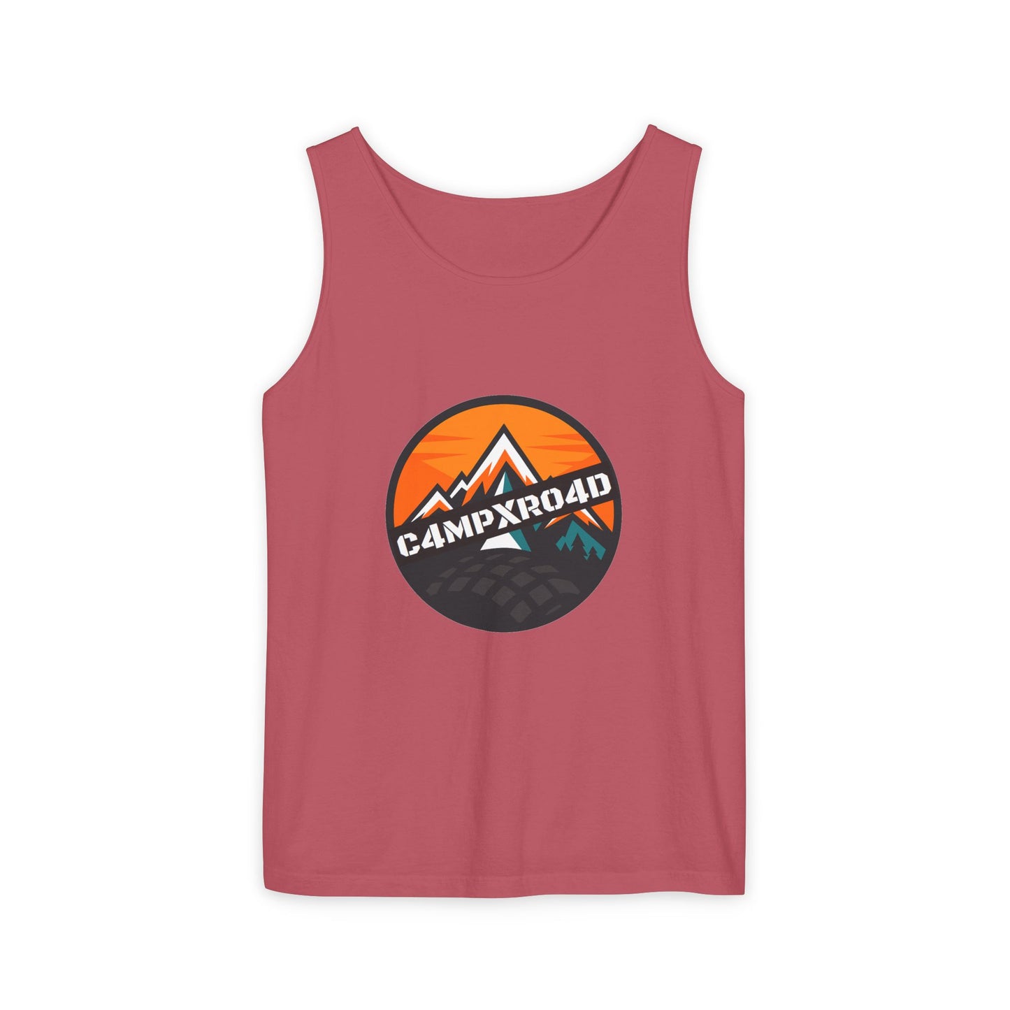 C4MPXRO4D Rounded Shield Camper Badge Tank Top | Graphic camping text tee