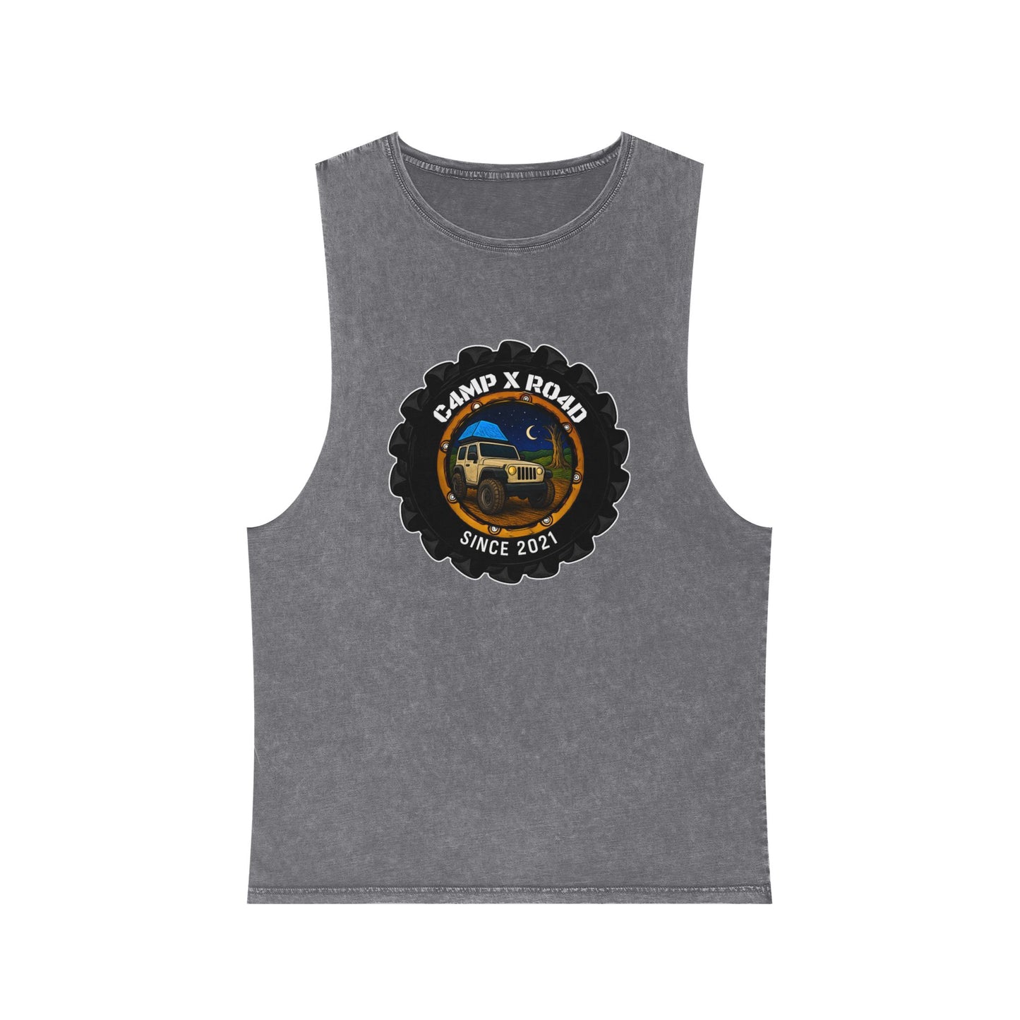 C4MPXRO4D Camper Badge Tank Top | stonewash black, retro stencil logo