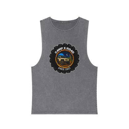 C4MPXRO4D Camper Badge Tank Top | stonewash black, retro stencil logo