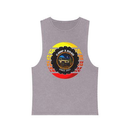 C4MPXRO4D Summer Camper Badge Tank Top | stonewash black, retro stencil logo