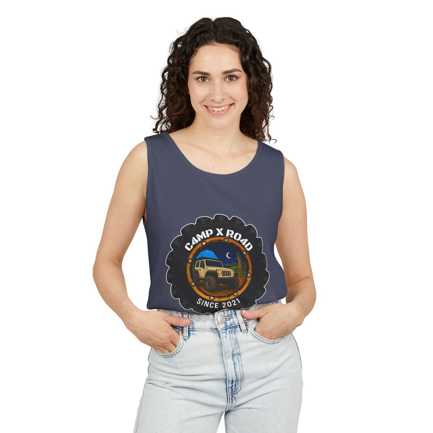 C4MPXRO4D Camper Badge Tank Top | Graphic camping text tee