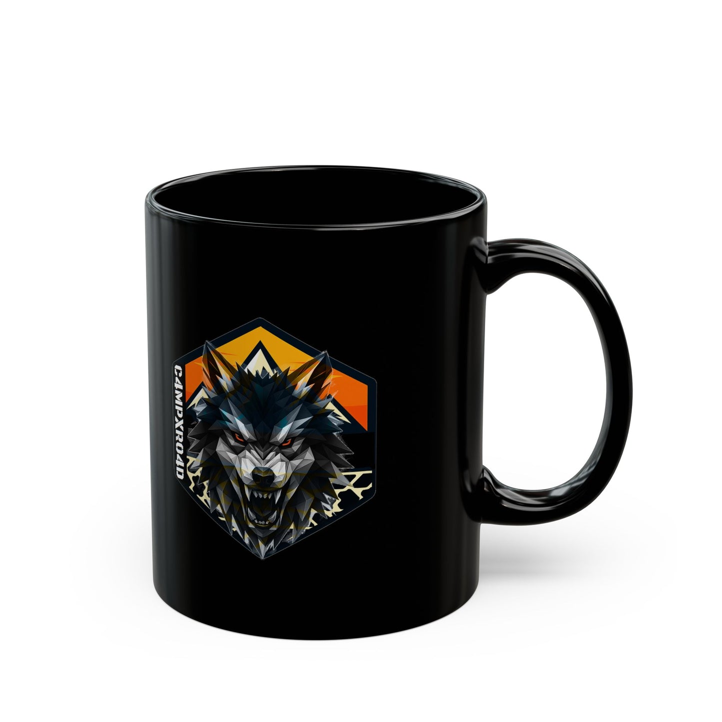 C4MPXRO4D Wolf Shield Camper Badge Mug | Black Ceramic Coffee Mug