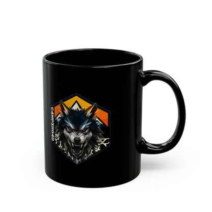 C4MPXRO4D Wolf Shield Camper Badge Mug | Black Ceramic Coffee Mug
