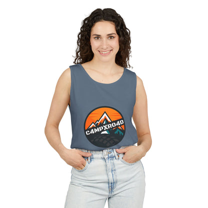 C4MPXRO4D Rounded Shield Camper Badge Tank Top | Graphic camping text tee