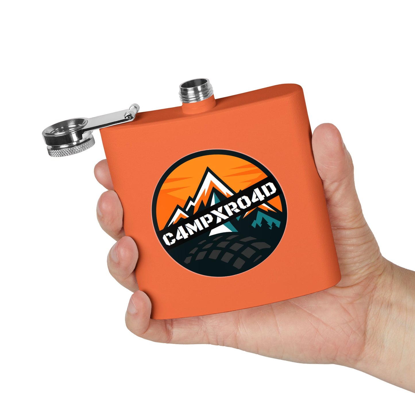 C4MPXRO4D Rounded Shield Camper Badge Flask