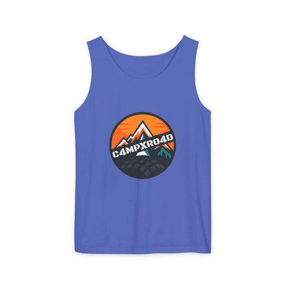 C4MPXRO4D Rounded Shield Camper Badge Tank Top | Graphic camping text tee