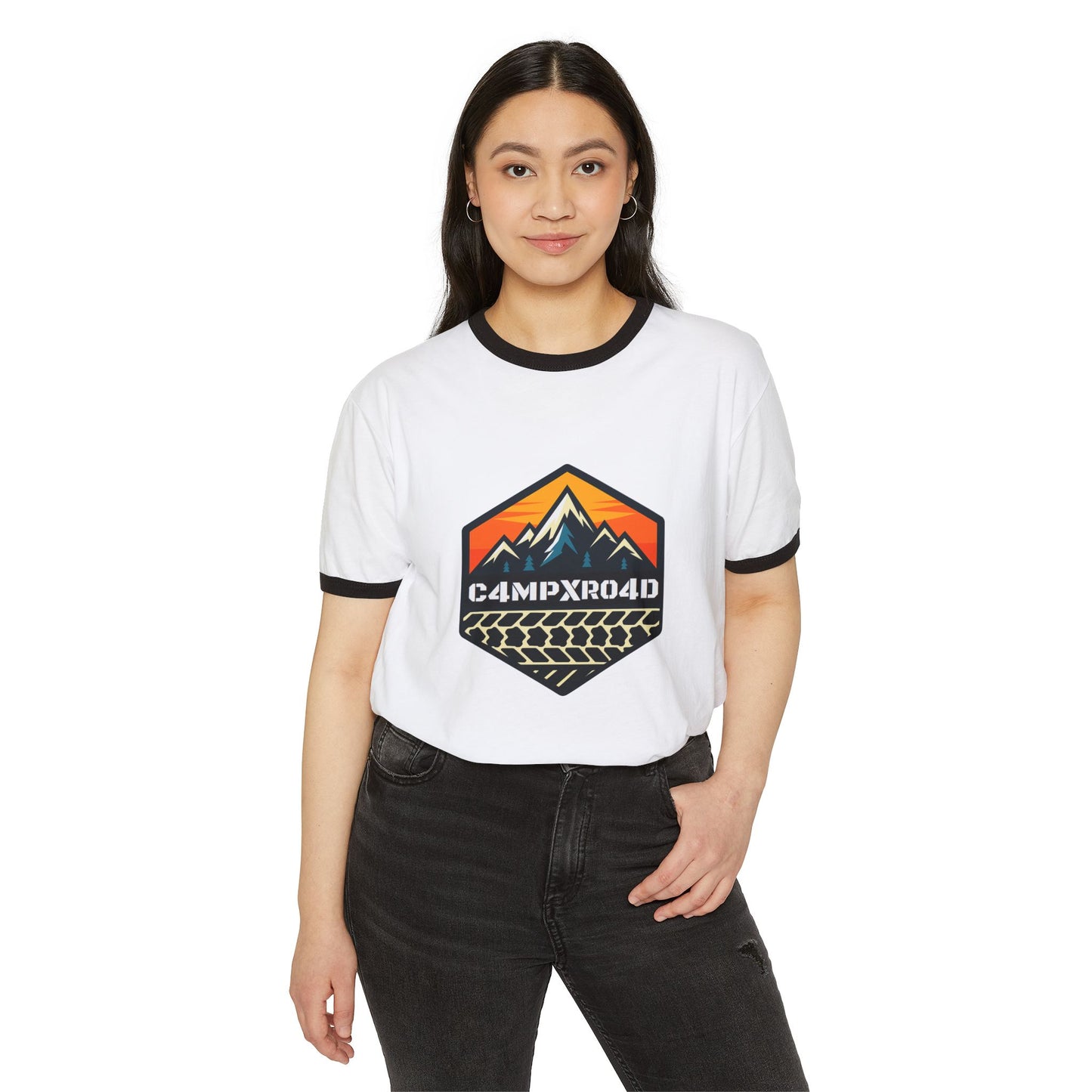 C4MPXRO4D Hexa Shield Camper Badge T-Shirt | ringer style