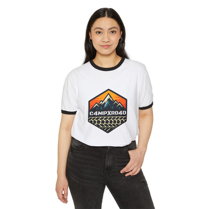 C4MPXRO4D Hexa Shield Camper Badge T-Shirt | ringer style